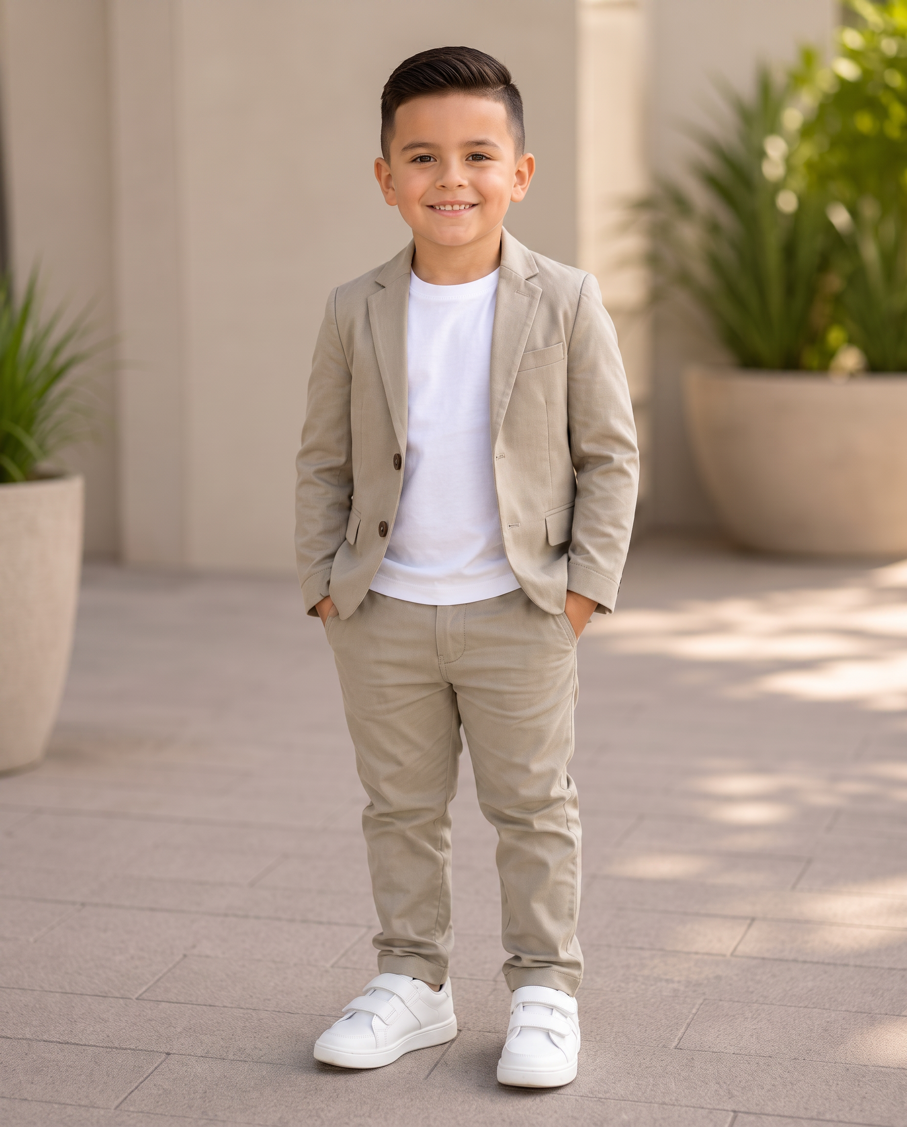 Niño con blazer y pantalón beige de la colección premium Niño Atelier